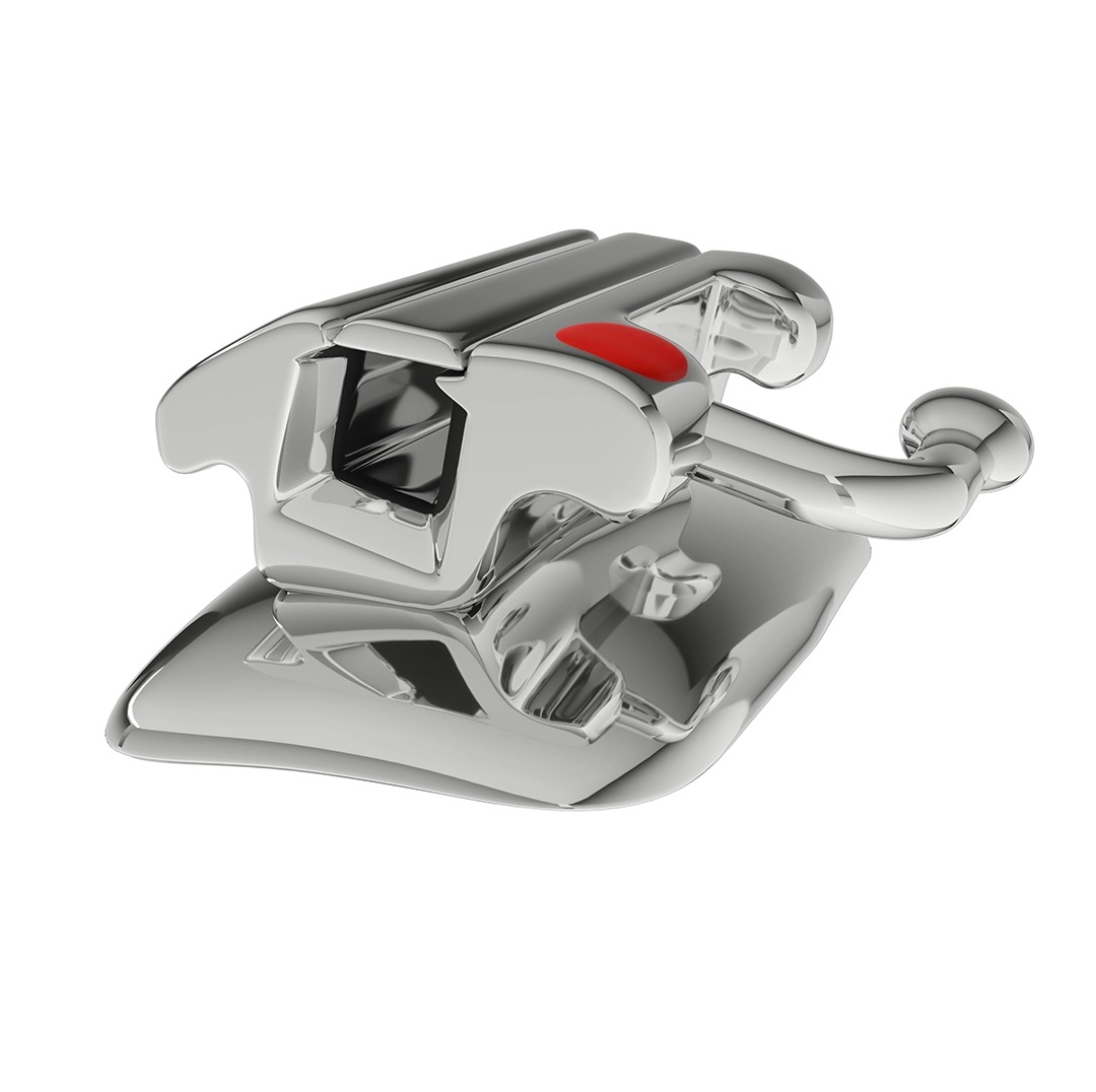 Precyzyjna wizualizacja ortodontycznego zamka metalowego z czerwoną plamką, ukazana w bliskim planie na białym tle. Realistyczny rendering 3D.