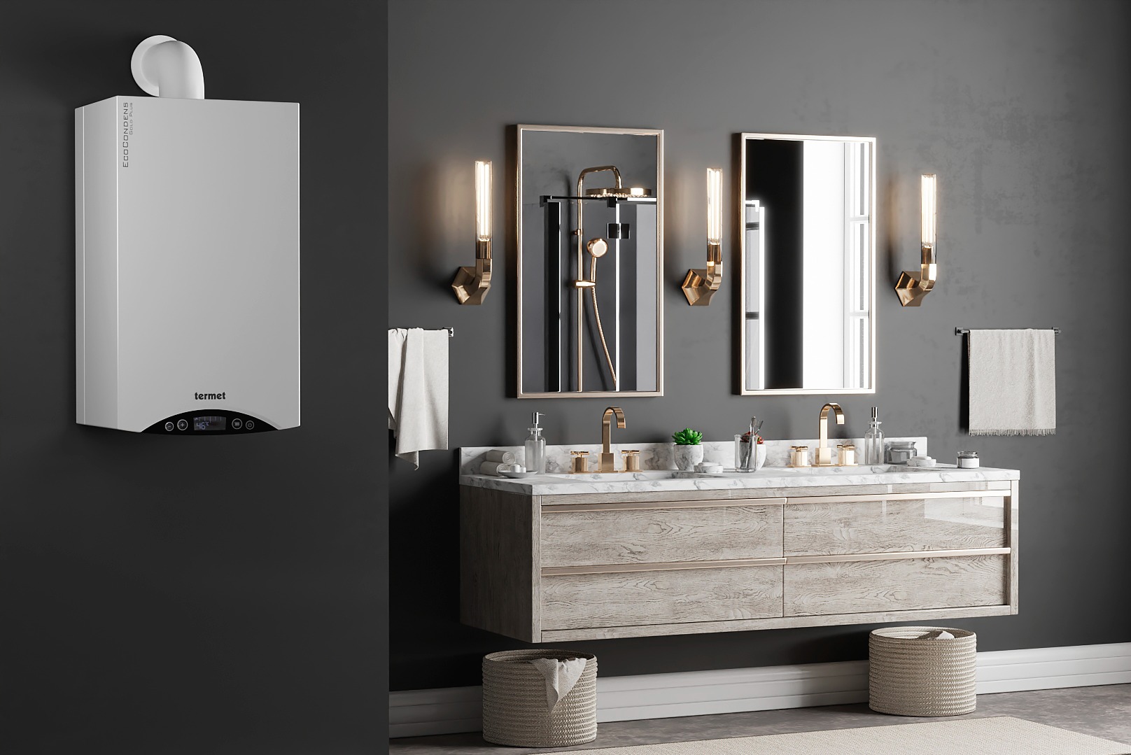 Nowoczesna łazienka z wiszącą szafką, dwoma lustrami z oświetleniem i grzejnikiem gazowym Termet na szarej ścianie. Minimalistyczny design, złote akcenty.