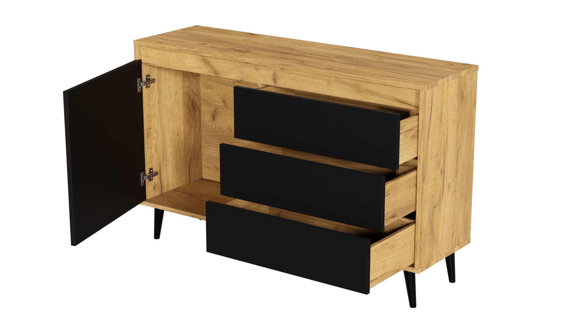 Komoda z drewna w stylu skandynawskim z czarnymi frontami szuflad, częściowo otwarta, na białym tle. Projekt mebla z Józefosławia.