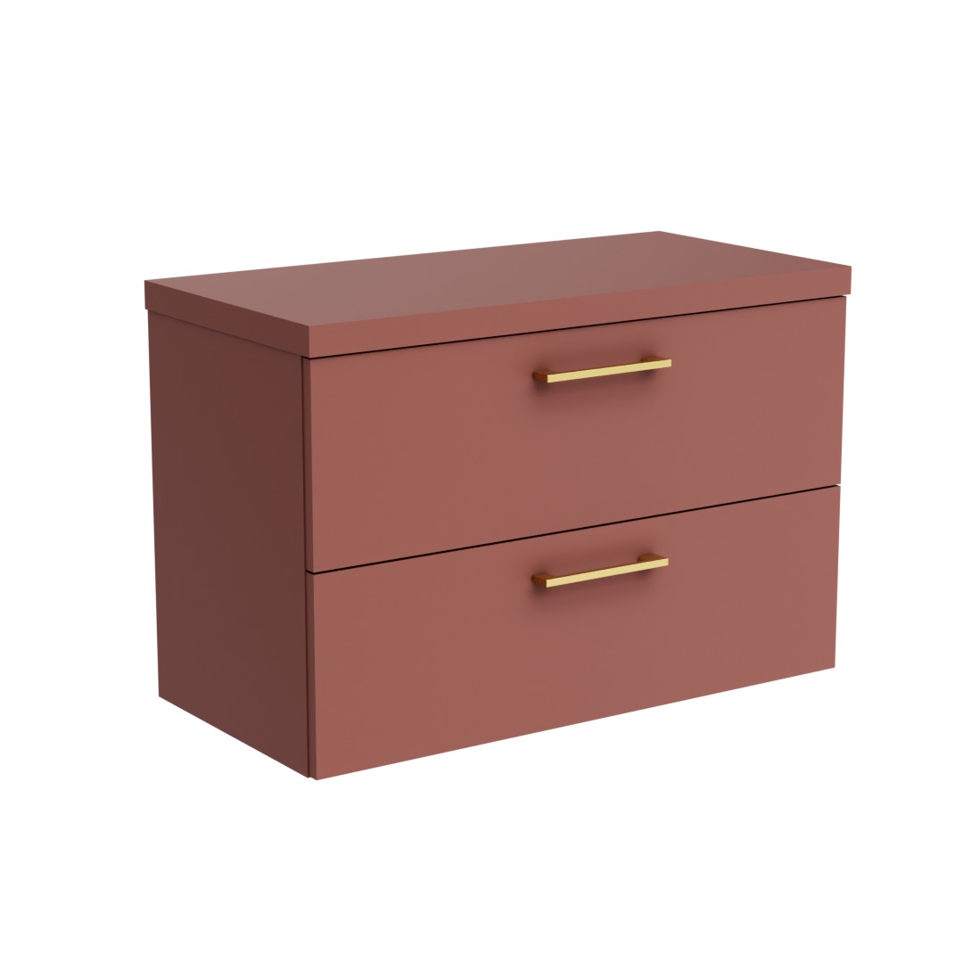 Wizualizacja szafki łazienkowej w odcieniach terakoty z dwoma szufladami i złotymi uchwytami, na białym tle. Minimalistyczny design.