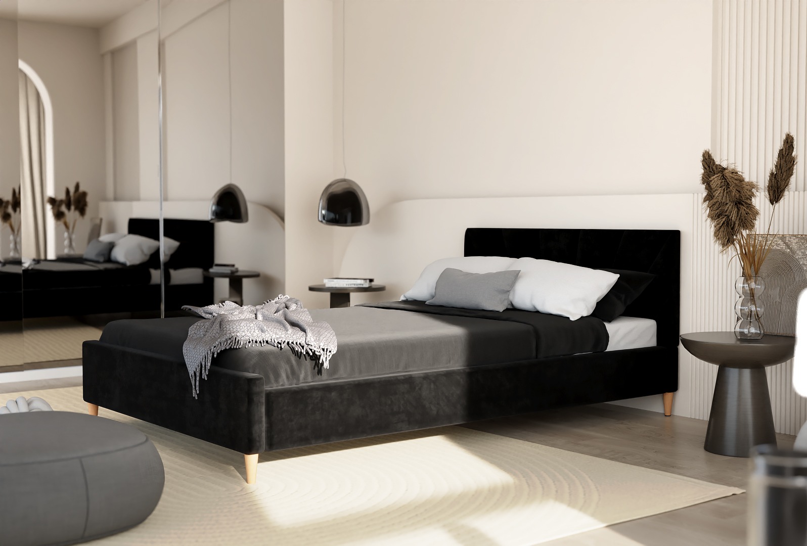 Nowoczesna sypialnia z czarnym łóżkiem, szarą narzutą i minimalistycznymi lampami wiszącymi. W tle lustro i dekoracyjne wazony. Jasne kolory ścian i podłogi.
