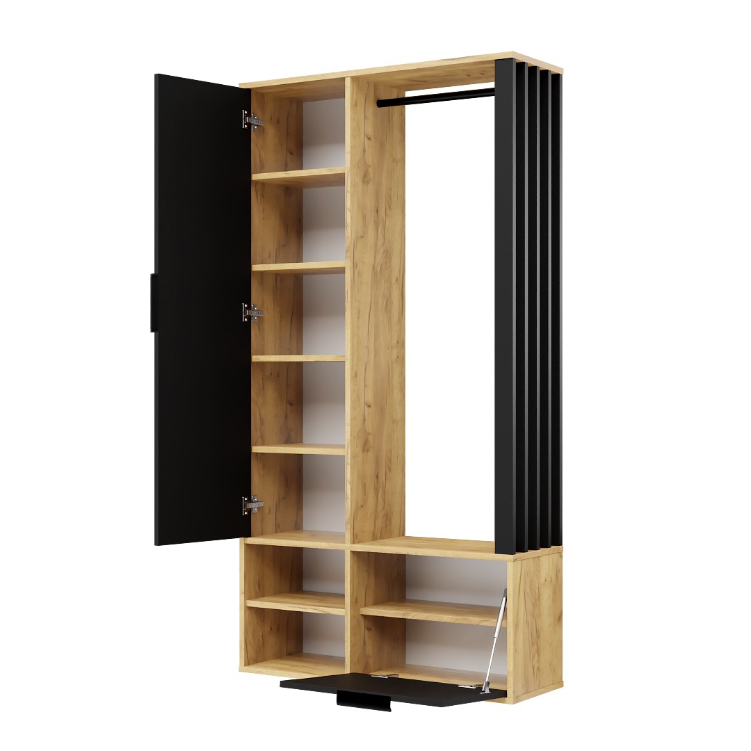 Wizualizacja szafy z otwartymi drzwiami i półkami, w kolorach drewna i czerni, z elementami dekoracyjnymi. Układ pionowy, nowoczesny design.