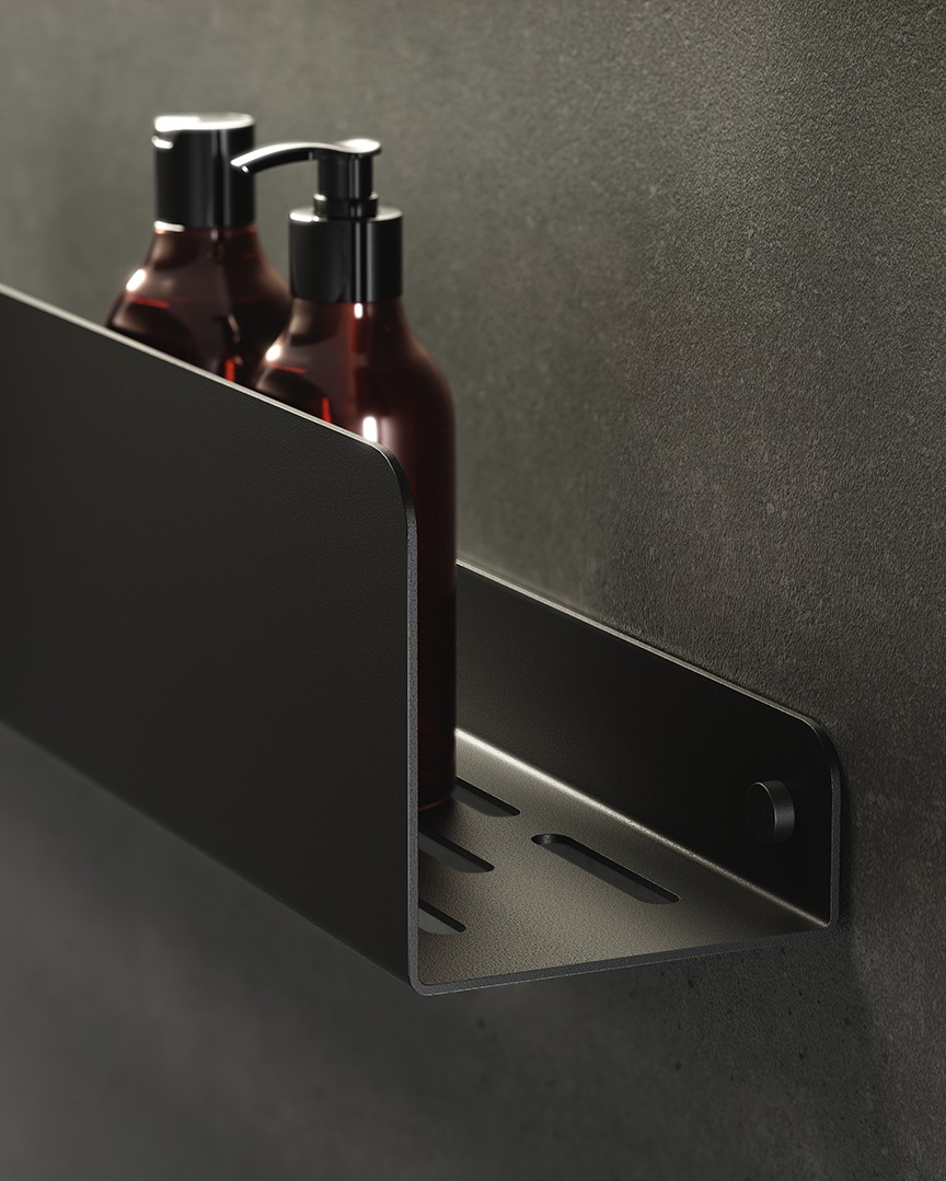 Minimalistyczna, czarna półka łazienkowa z dwoma butelkami z brązową zawartością na tle szarej, teksturowanej ściany. Ujęcie z bliska, oświetlenie studyjne.