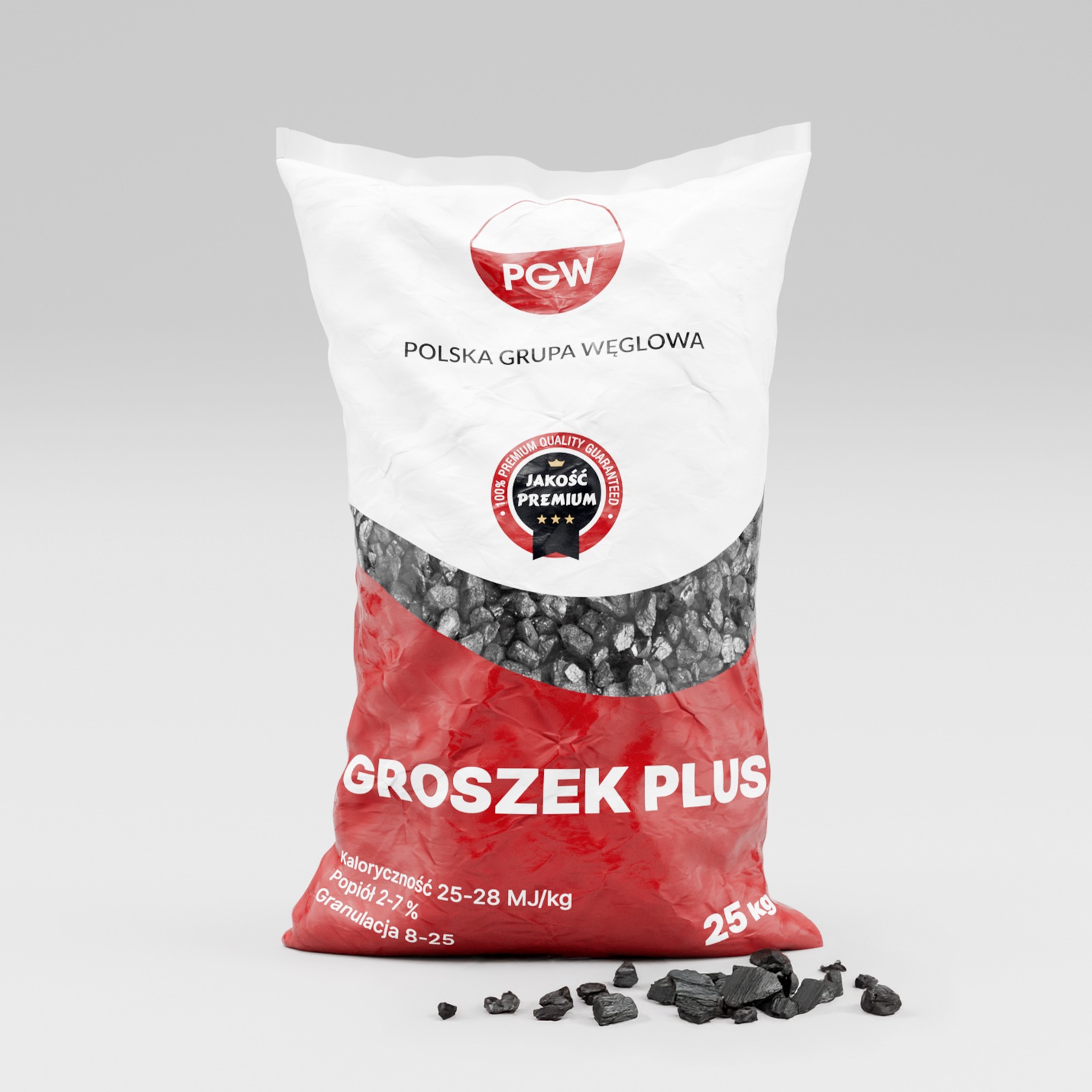 Worek z węglem Groszek Plus o wadze 25kg na szarym tle. Widoczne logo PGW i informacje o kaloryczności, popiele i granulacji. Część węgla rozsypana obok worka.