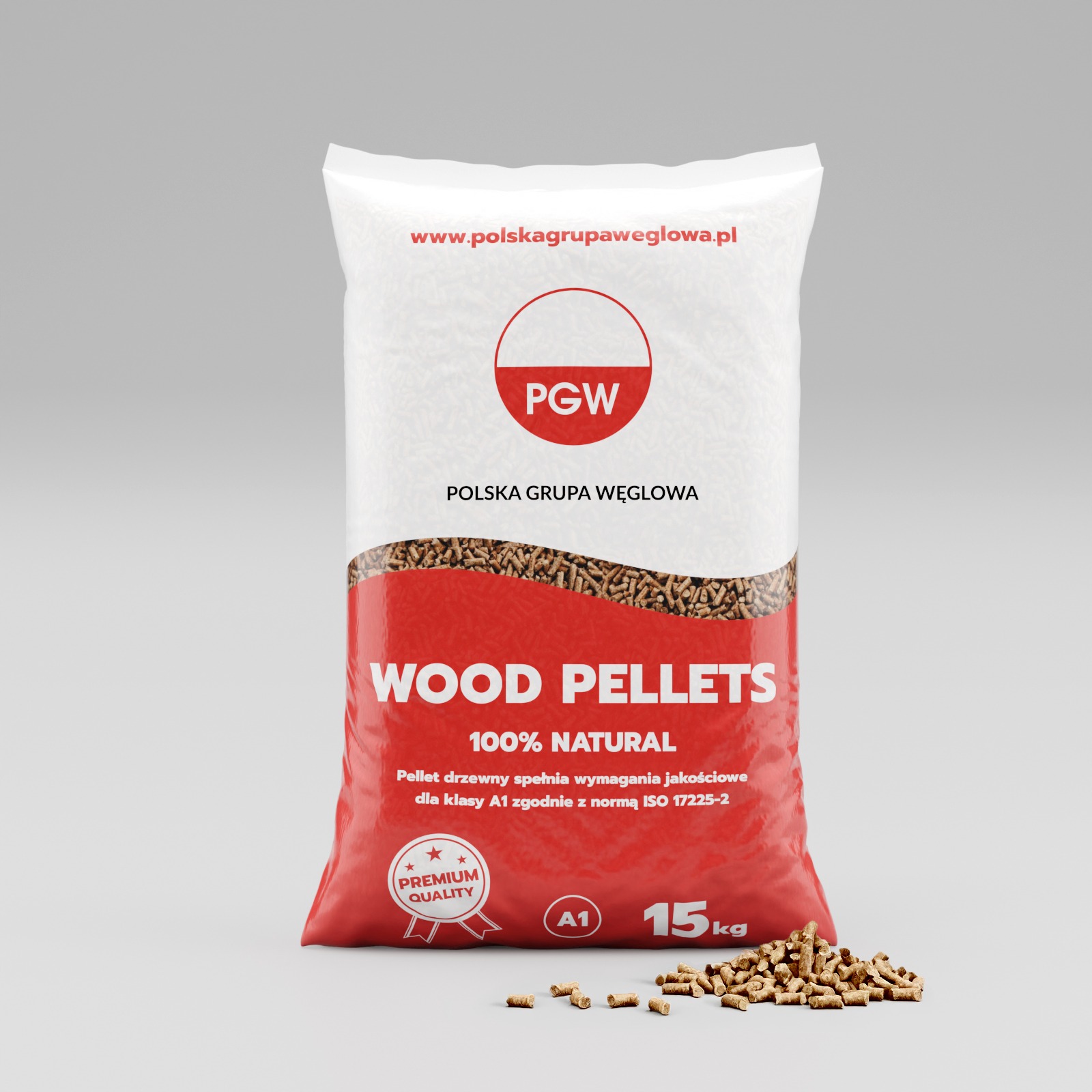 Worek pelletu drzewnego od Polskiej Grupy Węglowej (PGW) o wadze 15kg. Tekst: Wood Pellets, 100% Natural. Na dole rozsypane granulki pelletu.