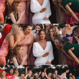 ZMATRYCY Paweł Niedźwiedź - Kolaż trzech kadrów z sesji ślubnej: panna młoda w otoczeniu rozbawionych druhen w różnorodnych sukienkach, prezentuje pierścionek zaręczynowy.