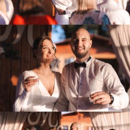 ZMATRYCY Paweł Niedźwiedź - Kolaż z wesela: całująca się para pod drewnianym napisem z inicjałem, uśmiechnięci nowożeńcy z kieliszkami w dłoniach, para trzymająca się za ręce wśród gości.