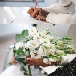 ZMATRYCY Paweł Niedźwiedź - Panna młoda z tatuażem podpisuje dokument, obok bukiet białych kwiatów. Kadr z uroczystości ślubnej z bliska, delikatne światło.