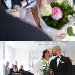 ZMATRYCY Paweł Niedźwiedź - Dwuobrazowe ujęcie ślubne: radosna panna młoda z bukietem w górnej części i pocałunek nowożeńców w dolnej, z gośćmi w tle, uchwycone w jasnym, naturalnym świetle.