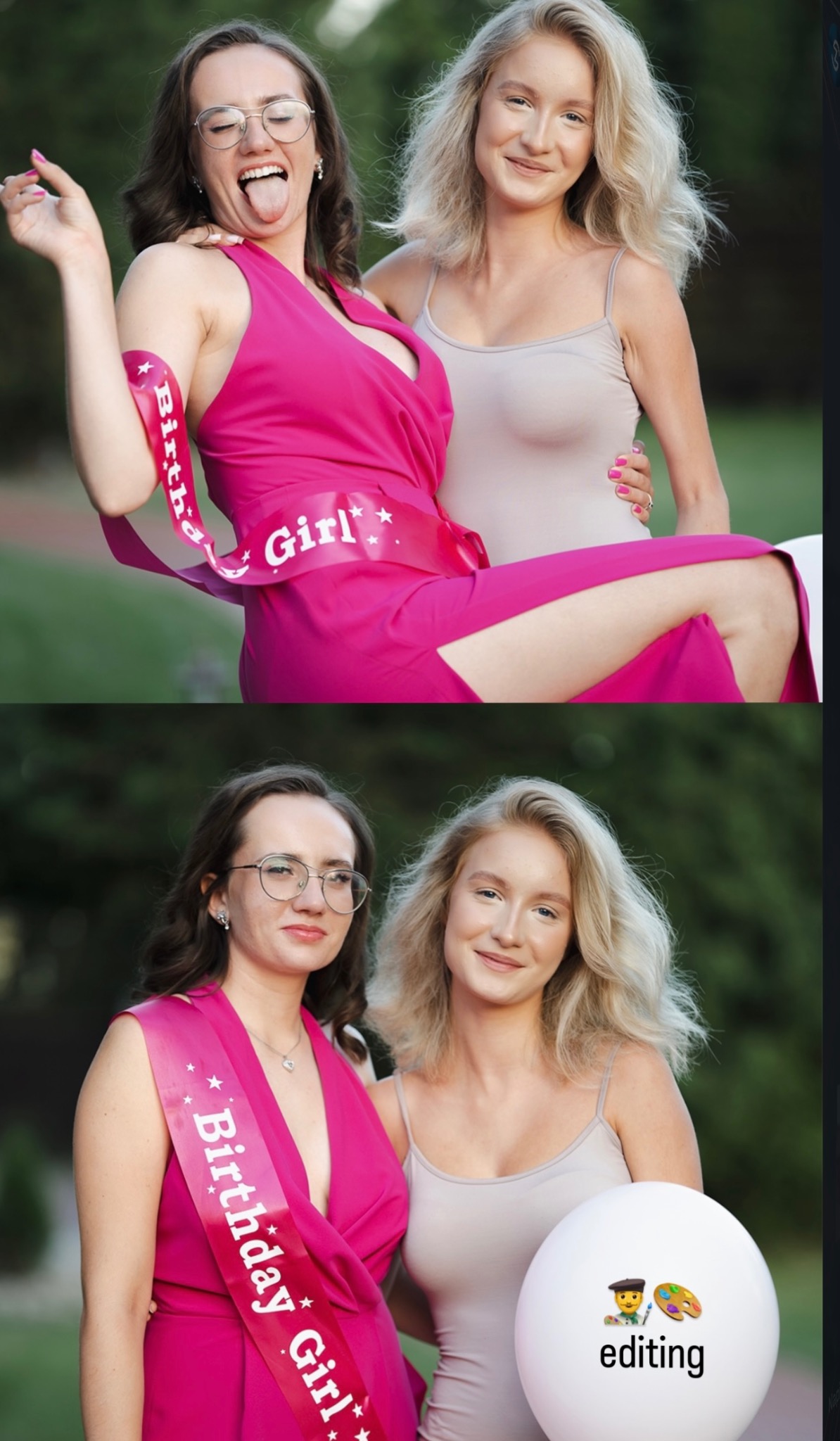 Dwie uśmiechnięte kobiety: jedna w różowej sukience z szarfą 'Birthday Girl', druga w beżowej sukience. Na dole kadru biały balon z napisem 'editing'.