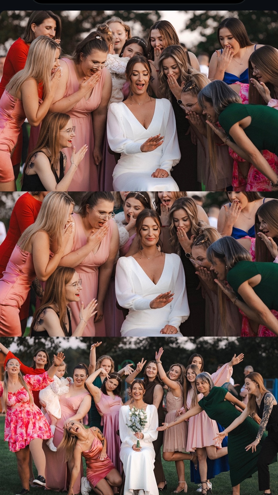 Kolaż trzech kadrów z sesji ślubnej: panna młoda w otoczeniu rozbawionych druhen w różnorodnych sukienkach, prezentuje pierścionek zaręczynowy.