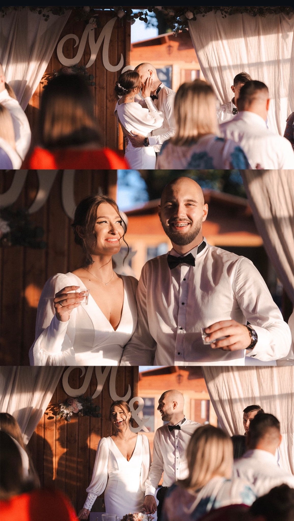 Kolaż z wesela: całująca się para pod drewnianym napisem z inicjałem, uśmiechnięci nowożeńcy z kieliszkami w dłoniach, para trzymająca się za ręce wśród gości.