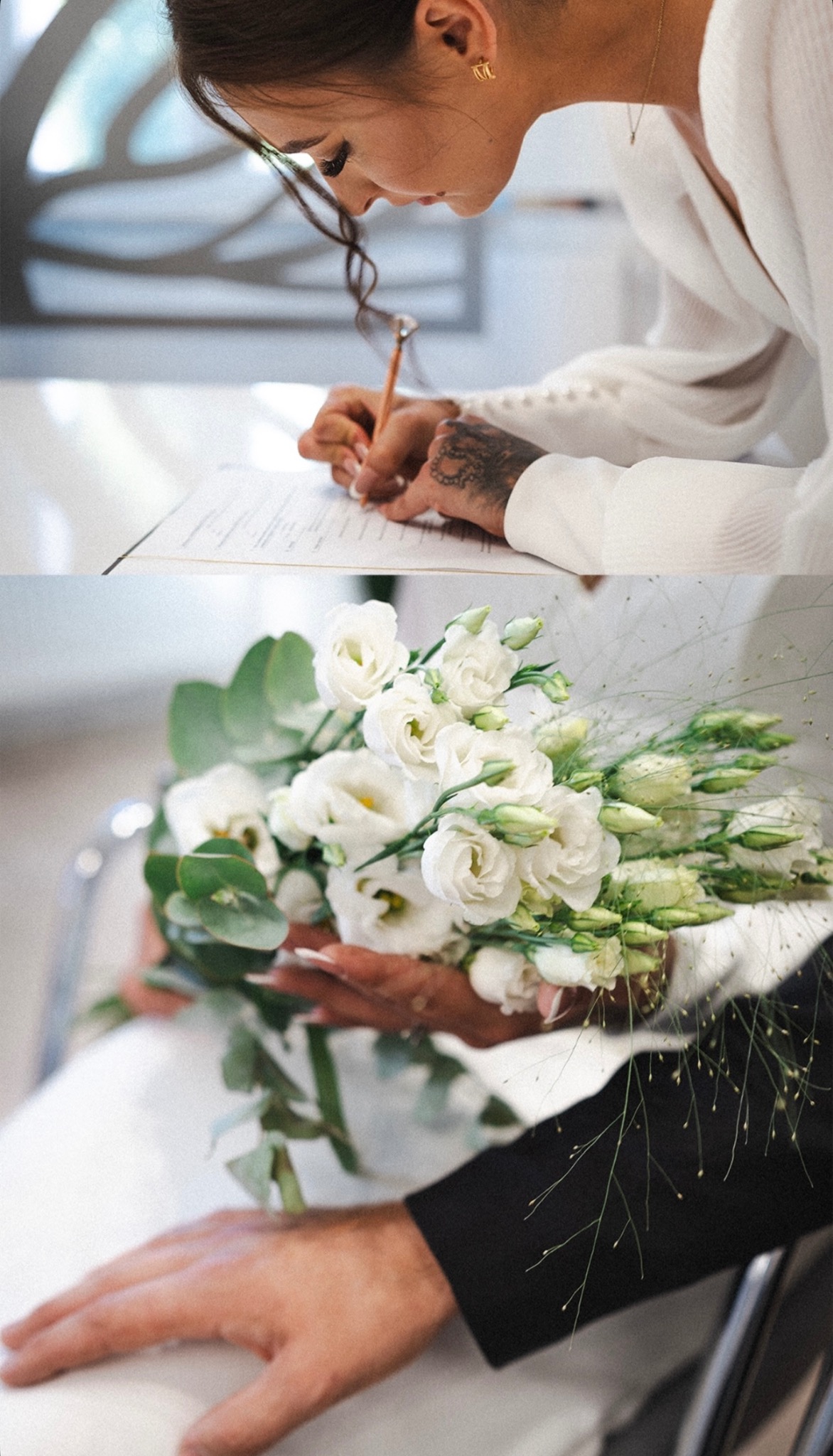 Panna młoda z tatuażem podpisuje dokument, obok bukiet białych kwiatów. Kadr z uroczystości ślubnej z bliska, delikatne światło.