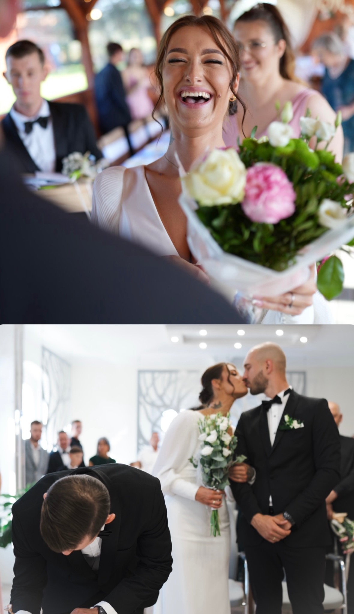 Dwuobrazowe ujęcie ślubne: radosna panna młoda z bukietem w górnej części i pocałunek nowożeńców w dolnej, z gośćmi w tle, uchwycone w jasnym, naturalnym świetle.