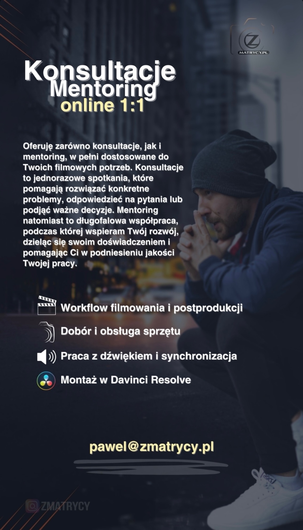 Grafika reklamowa usług konsultacji i mentoringu online 1:1 dla filmowców, z listą korzyści i elementami workflow, logo firmy 'zmatrycy.pl' w rogu.