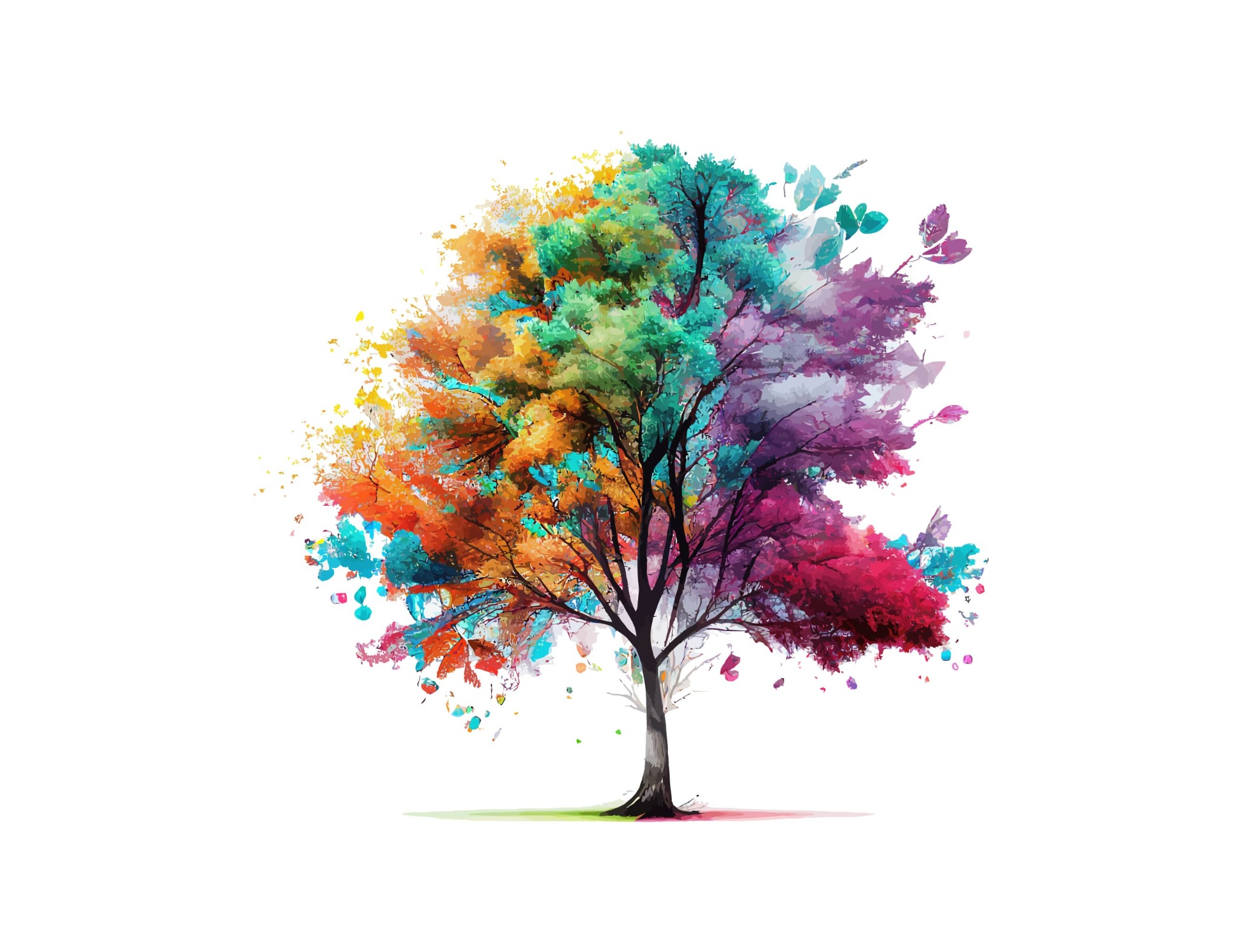 Ilustracja drzewa z koroną podzieloną na segmenty kolorystyczne: pomarańczowy, zielony, turkusowy, fioletowy i czerwony. Akwarelowy styl, białe tło.