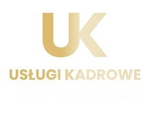 Złote logo 'UK Usługi Kadrowe' na białym tle. Minimalistyczny design, nowoczesna typografia, skrót 'UK' na górze, nazwa firmy poniżej. Elegancki branding.
