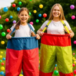 Dwie uśmiechnięte dziewczynki w kolorowych workach do skakania, otoczone unoszącymi się piłkami na zielonym trawniku, w tle drzewa.