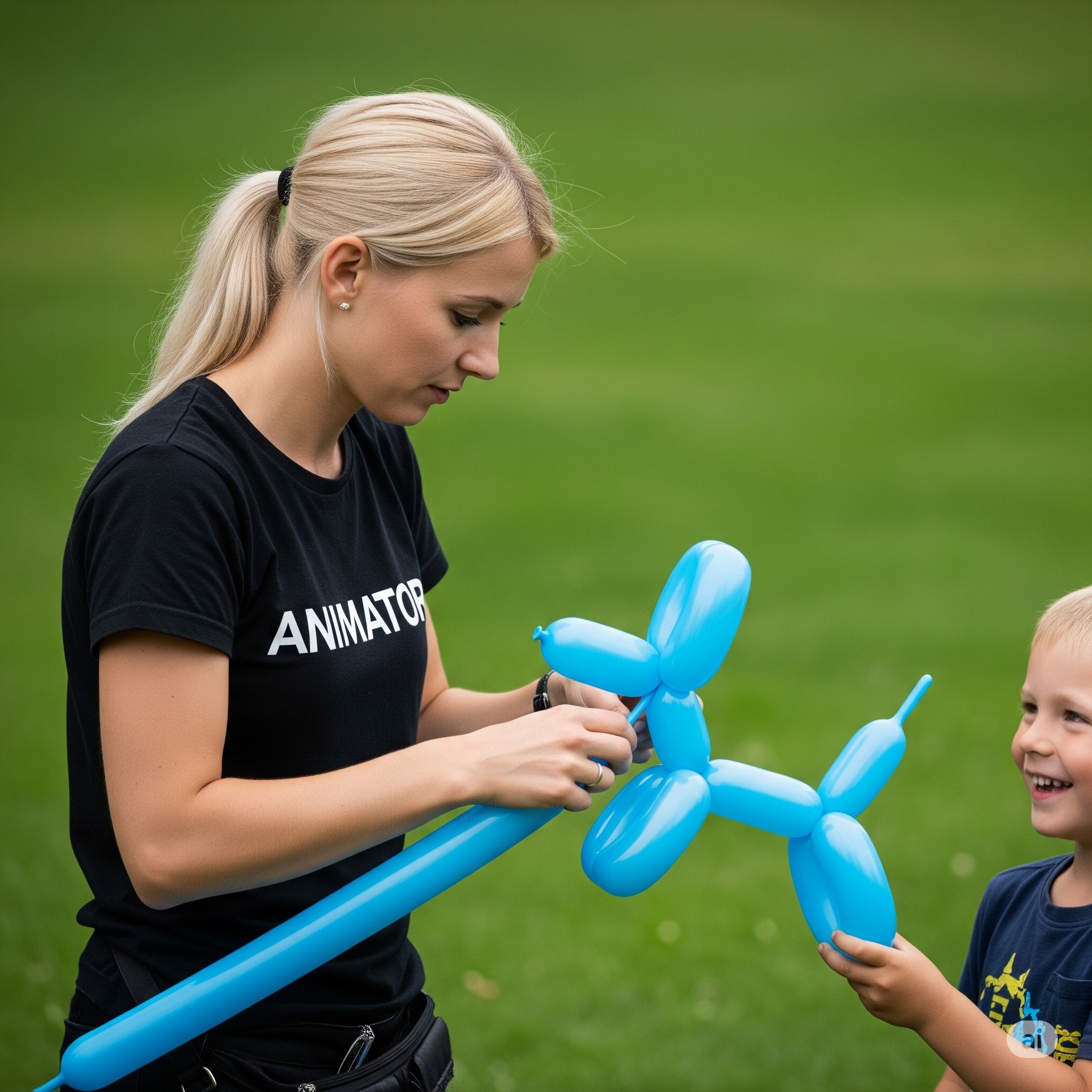 Blondwłosa animatorka w czarnej koszulce z napisem 'Animator' modeluje niebieskiego balonowego pieska dla uśmiechniętego chłopca na tle zielonej trawy.