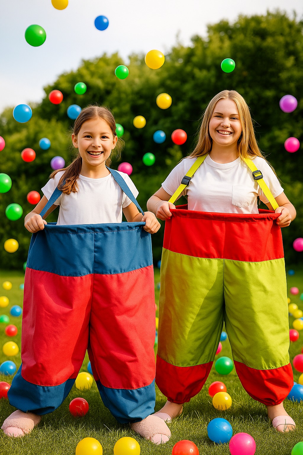 Dwie uśmiechnięte dziewczynki w kolorowych workach do skakania, otoczone unoszącymi się piłkami na zielonym trawniku, w tle drzewa.