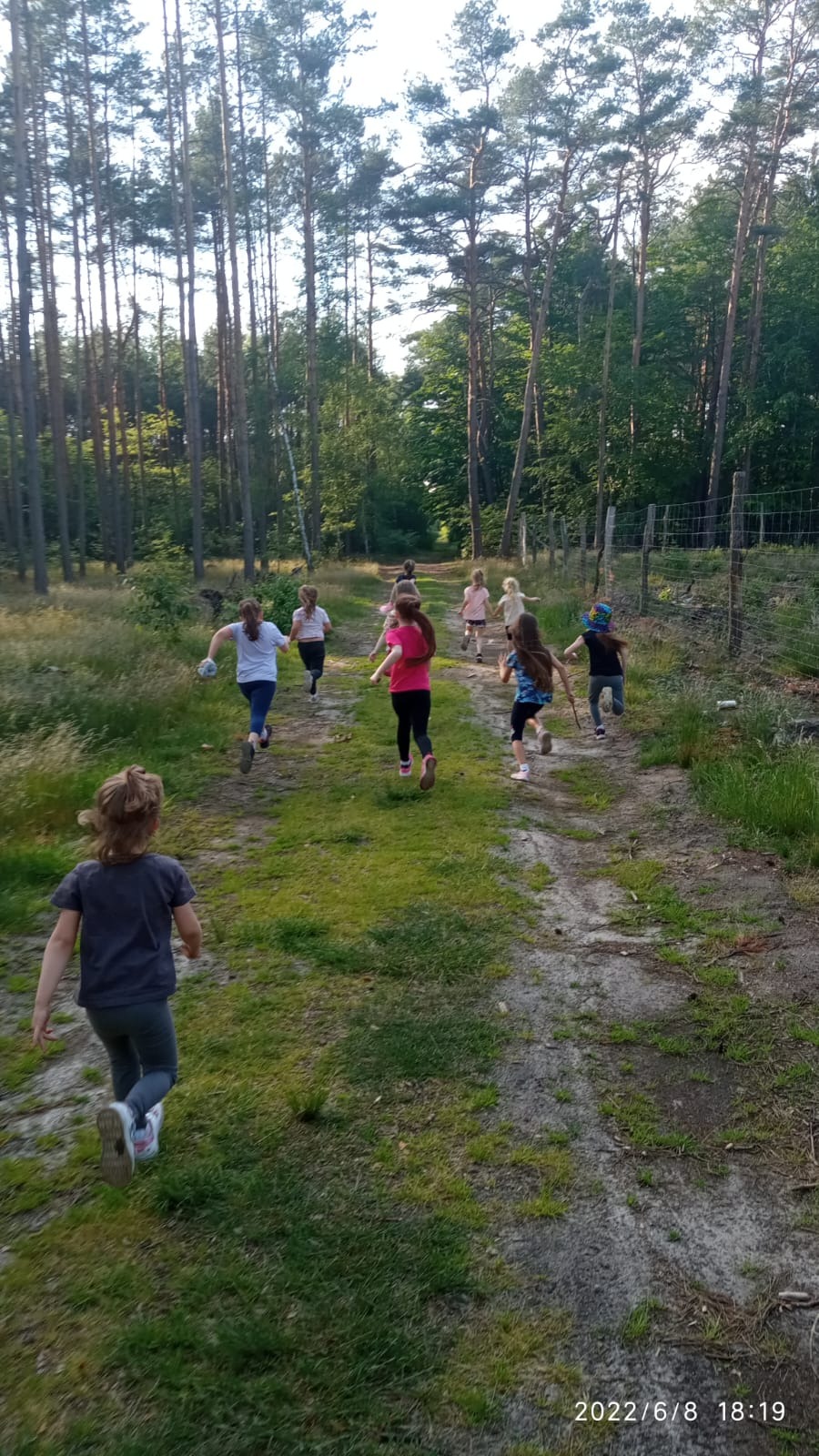 Grupa dzieci biegnie ścieżką w lesie podczas zabawy, być może w ramach animacji zorganizowanej przez agencję eventową.