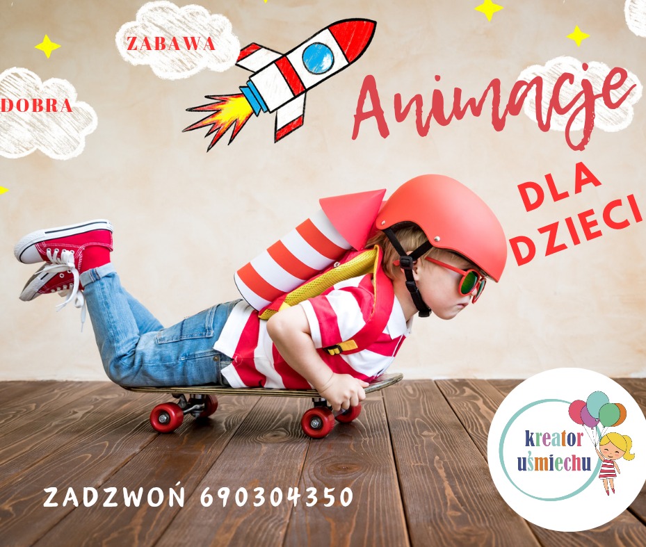 Chłopiec w kasku i rakiecie na plecach leży na deskorolce, imitując lot. Napis: Animacje dla dzieci. Zabawa i uśmiech w tle. Numer telefonu na dole.