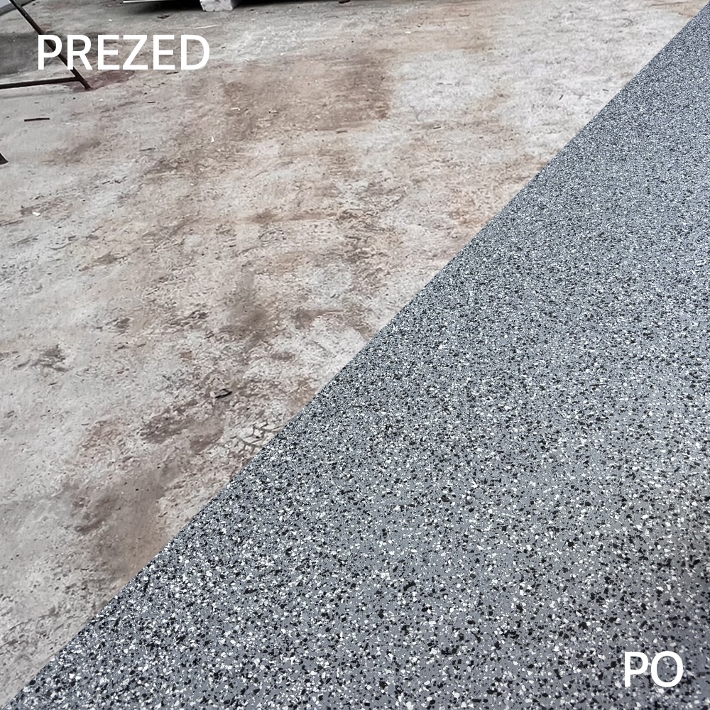 Zdjęcie posadzki żywicznej przed i po renowacji. Połowa kadru to szara, błyszcząca posadzka z drobinkami, druga połowa to surowy, szary beton.