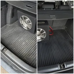 Dzielone ujęcie bagażnika samochodu przed i po czyszczeniu. Po prawej stronie widoczna czysta, czarna mata bagażnika, po lewej stronie mata zabrudzona.