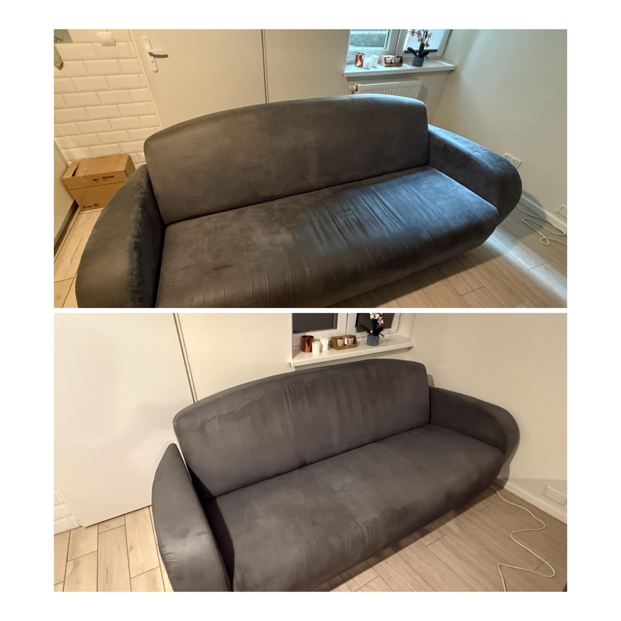 Zdjęcie przedstawia sofę przed i po czyszczeniu tapicerki. Górna część pokazuje zabrudzoną sofę, dolna - sofę po czyszczeniu, z widoczną poprawą wyglądu.