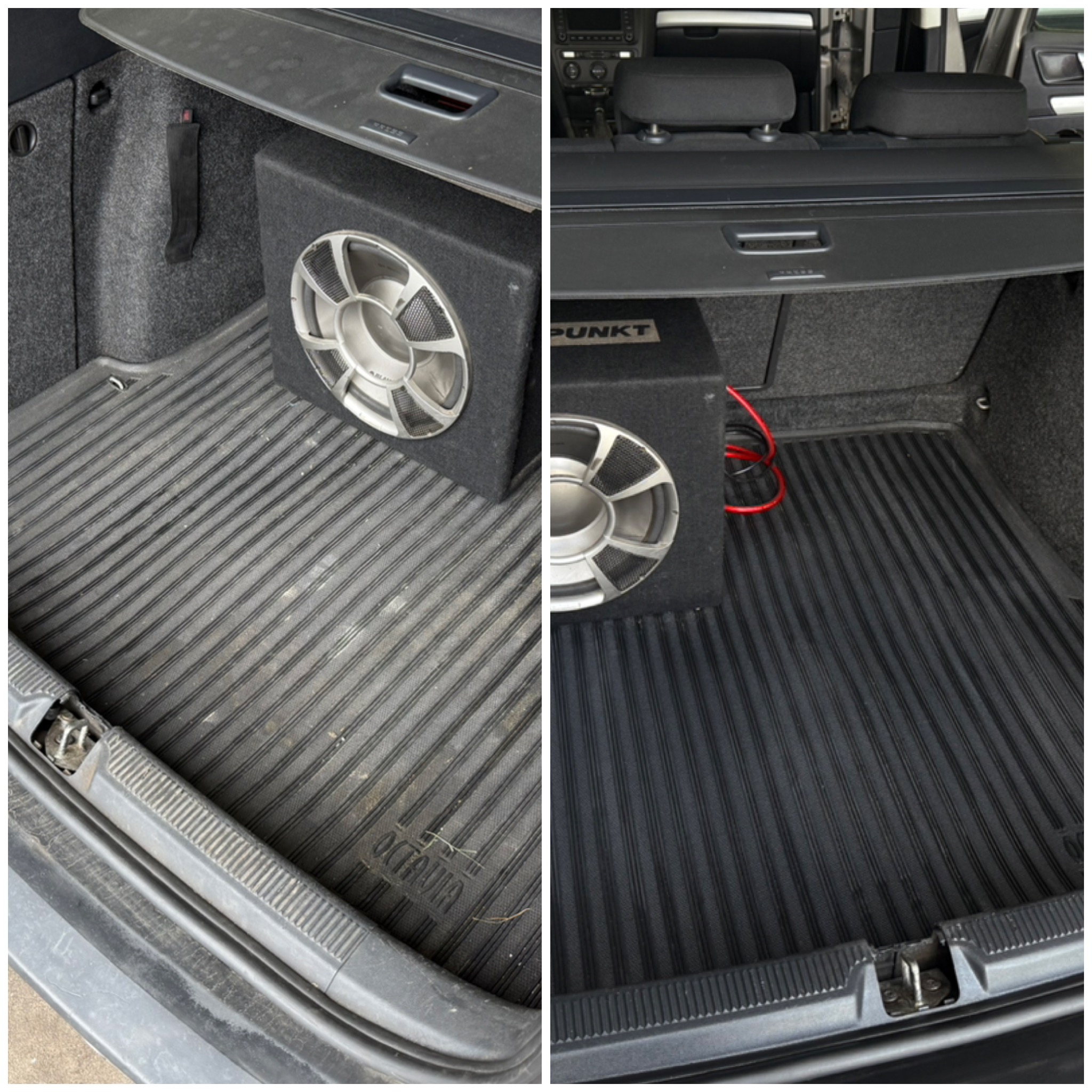 Dzielone ujęcie bagażnika samochodu przed i po czyszczeniu. Po prawej stronie widoczna czysta, czarna mata bagażnika, po lewej stronie mata zabrudzona.