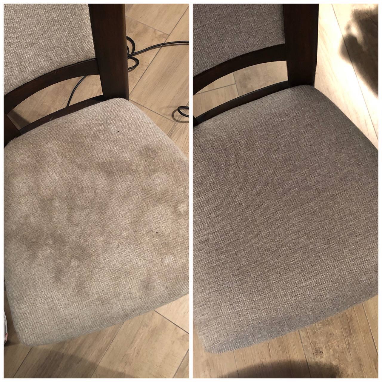 Krzesło tapicerowane: po lewej zabrudzone, po prawej wyczyszczone. Widoczna różnica w kolorze i brak plam. Podłoga z paneli w tle.
