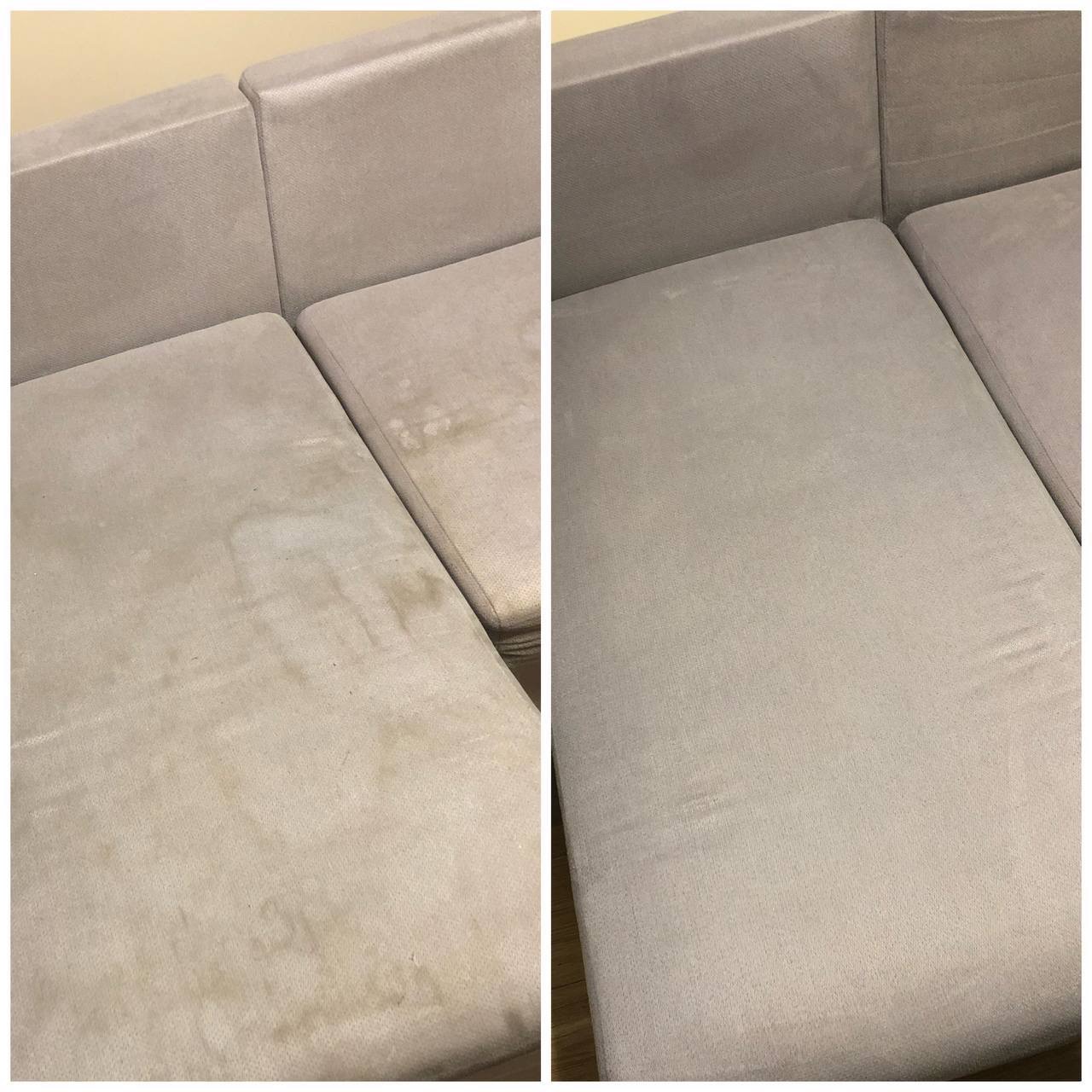 Zdjęcie narożnika z beżową tapicerką w układzie przed i po czyszczeniu, ukazujące różnicę w wyglądzie i usunięte plamy.