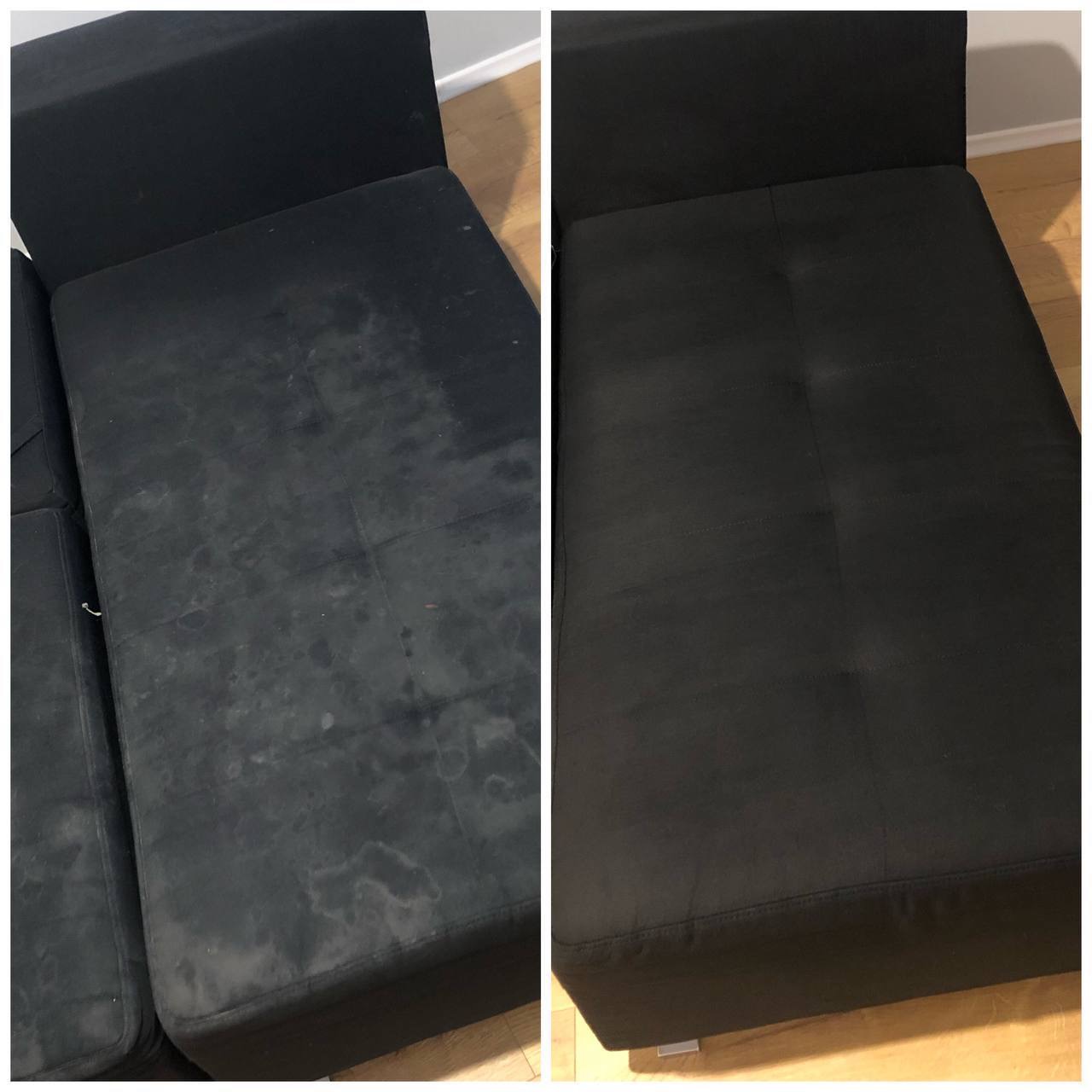 Ciemna kanapa przed i po czyszczeniu. Po lewej widoczne plamy i zabrudzenia, po prawej czysta, wyprana tapicerka. Efekt usługi prania tapicerki.