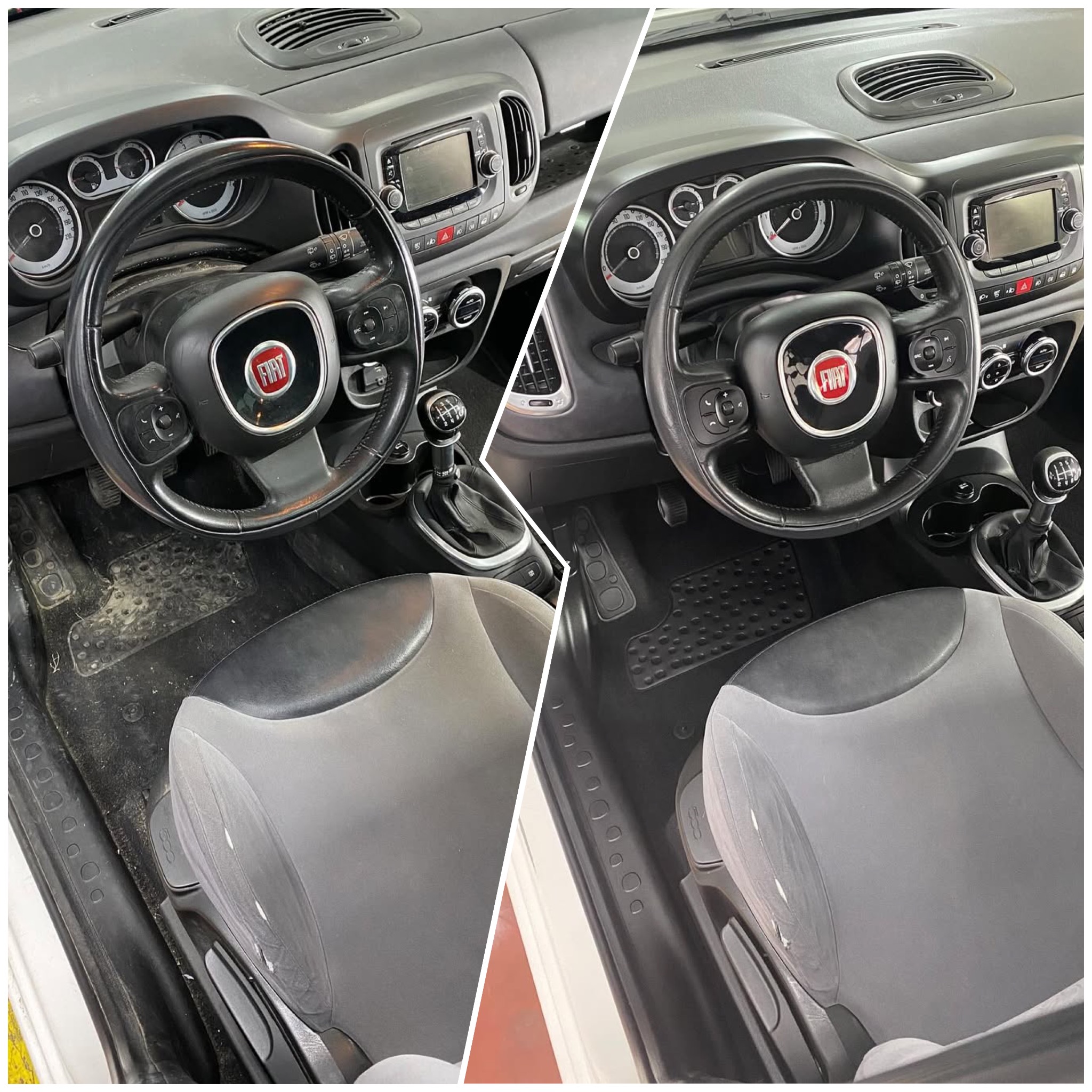 Wnętrze samochodu Fiat 500 po detailingu: czysta kierownica, fotele i dywaniki, kontrastujące z zabrudzonymi elementami na wcześniejszym ujęciu.