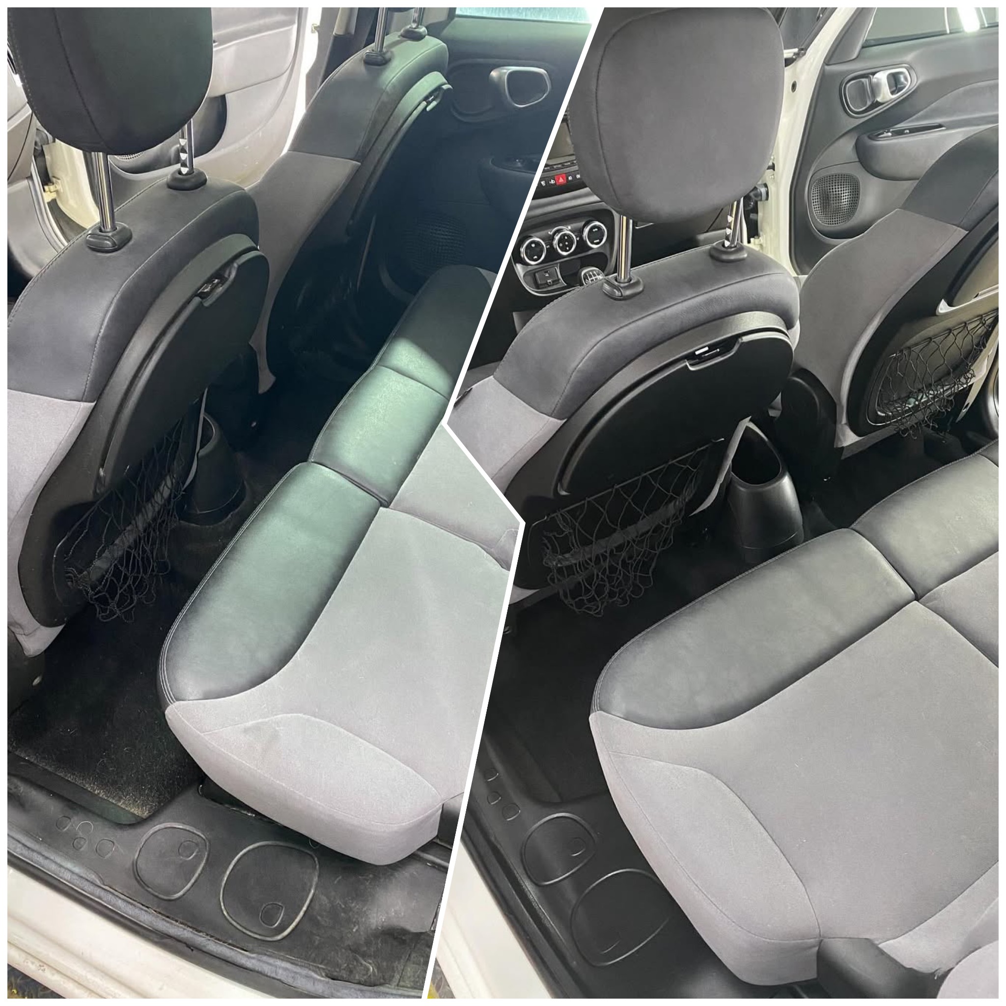 Zdjęcie przedstawia tylne siedzenia samochodu przed i po czyszczeniu tapicerki. Po lewej stronie widać zabrudzenia, a po prawej czyste, szare siedzenia.