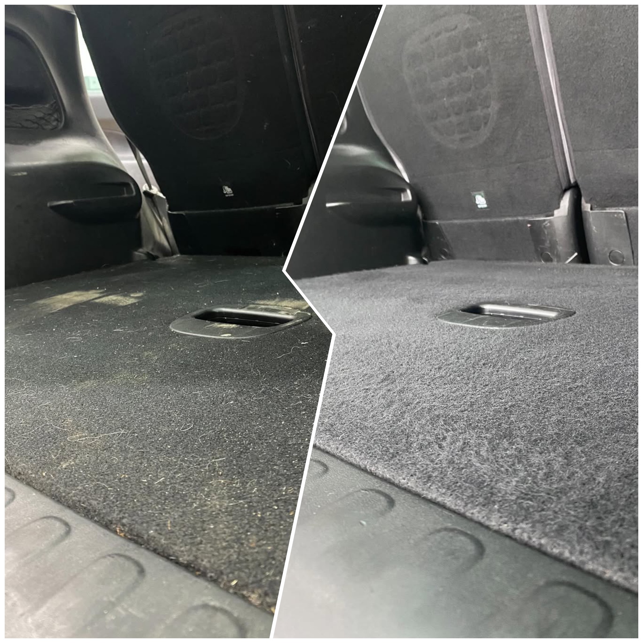 Zdjęcie 'przed i po' prania tapicerki bagażnika samochodowego. Po lewej brudna, po prawej czysta i odświeżona tapicerka. Widoczne różnice w kolorze i strukturze materiału.