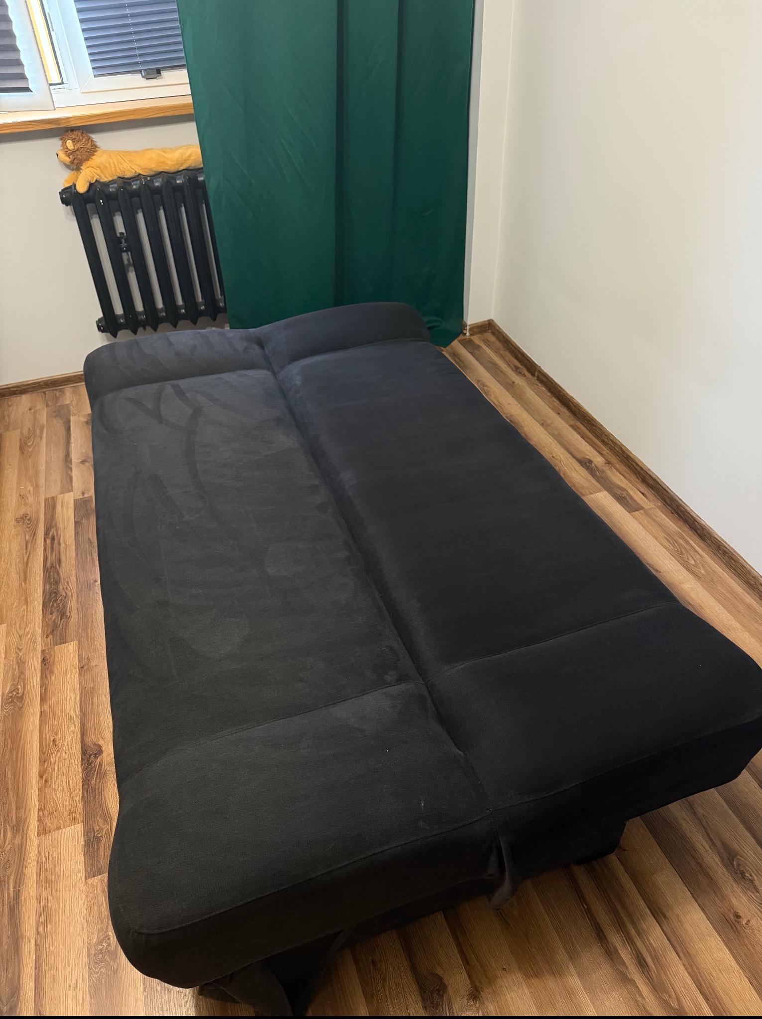 Rozłożona, czarna kanapa z widocznymi śladami po praniu tapicerki, ustawiona w pokoju z brązowymi panelami i zieloną zasłoną. Na grzejniku pluszowy lew.