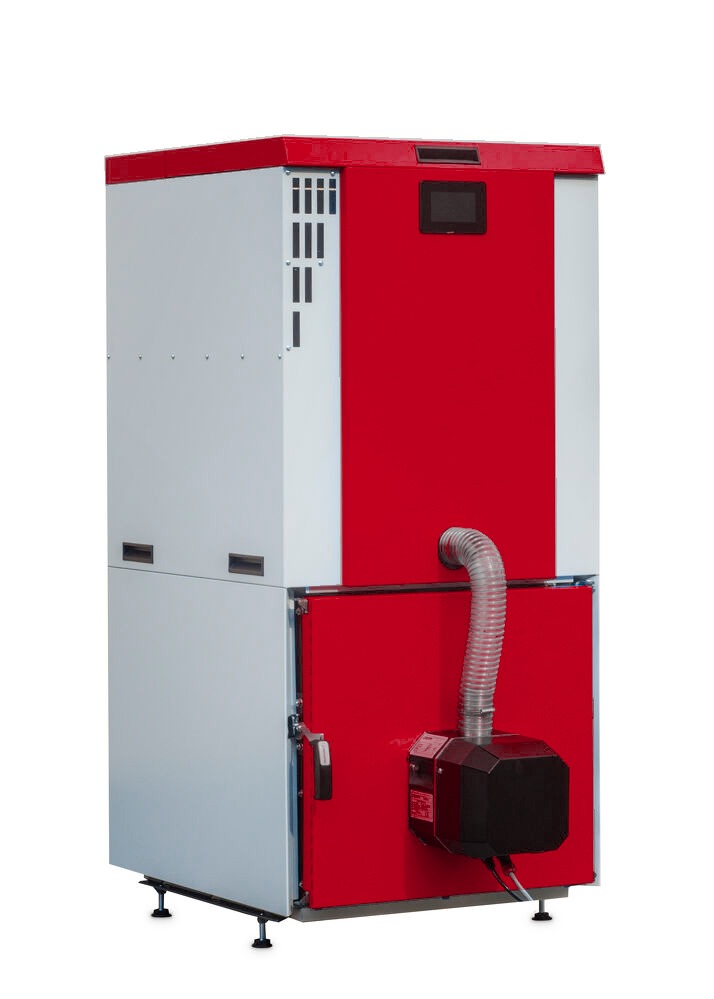 Nowoczesny, dwukomorowy piec na paliwo stałe z podajnikiem, w kolorach czerwieni i szarości, zainstalowany w Dziadowej Kłodzie. Widoczne przyłącza i system sterowania.