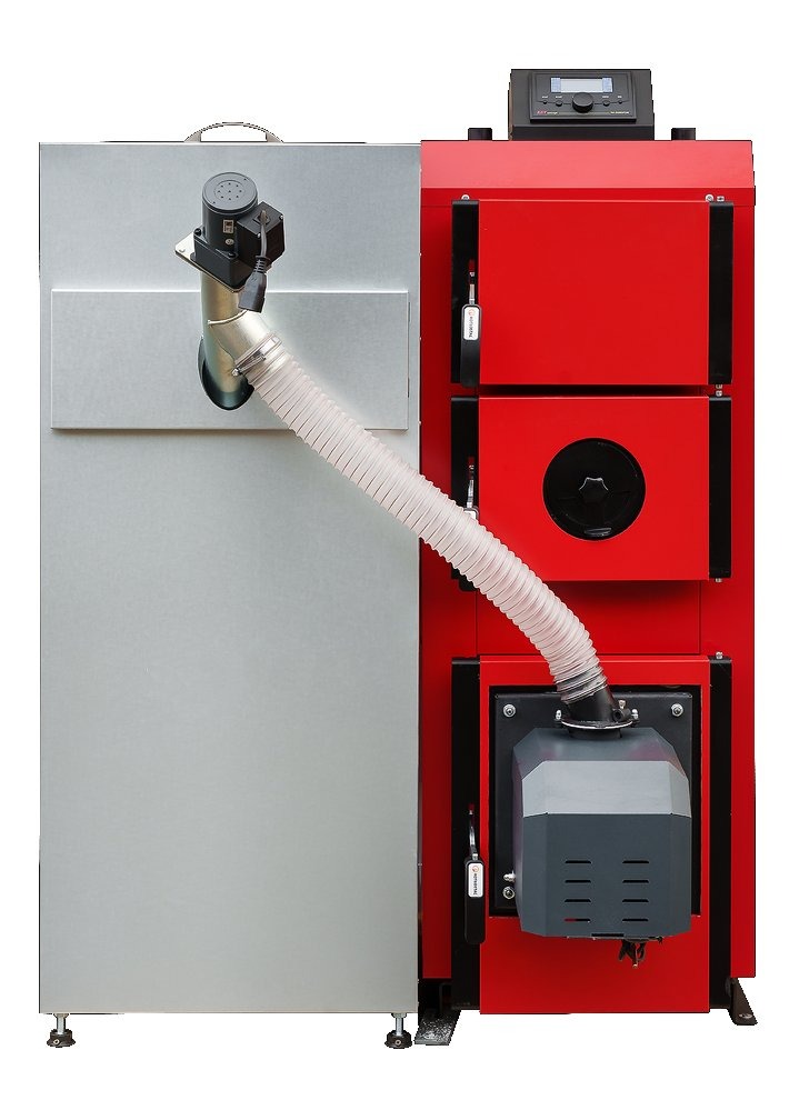 Nowoczesny, czerwono-szary piec na paliwo stałe z podajnikiem i sterownikiem, widok z boku, na białym tle. Precyzyjne detale konstrukcyjne.