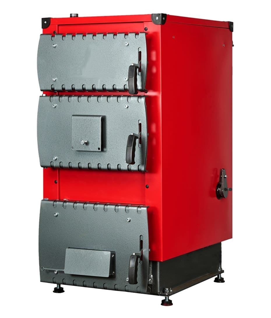 Czerwony, stalowy piec z trzema szarymi drzwiczkami, czarnymi uchwytami i regulowanymi nóżkami. Widok z boku, oświetlenie studyjne, na białym tle.