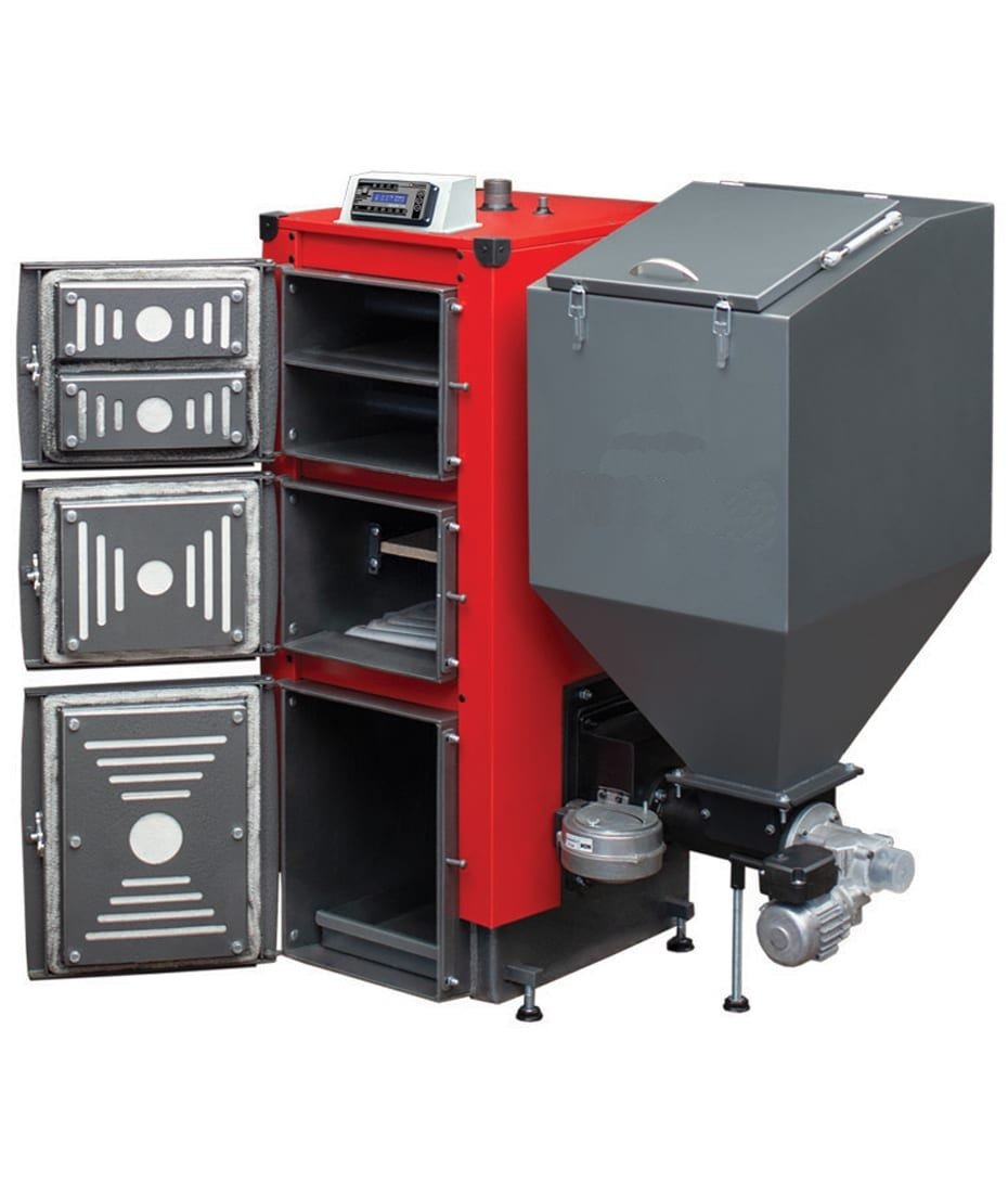Nowoczesny, czerwono-szary piec z podajnikiem i otwartymi drzwiczkami, z widocznym sterownikiem. Precyzyjne wykonanie, detale konstrukcyjne.