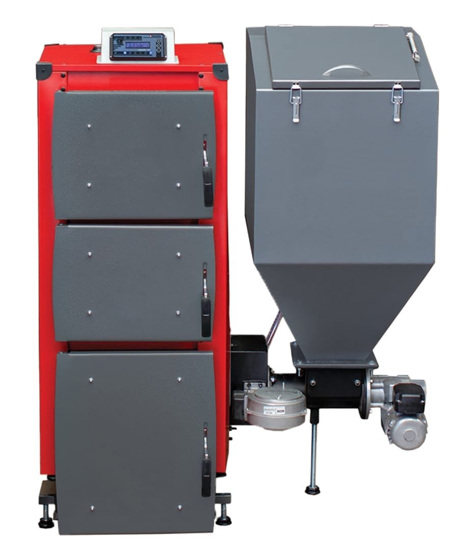 Nowoczesny piec na paliwo stałe z podajnikiem i panelem sterowania. Czerwona obudowa, szare drzwi i zasobnik. Widok z przodu, oświetlenie studyjne.