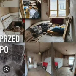 Opróżnione wnętrze w kolażu 'przed i po': zniszczona kuchnia i zagracony pokój przed, puste pomieszczenia po remoncie, z odsłoniętymi fragmentami ścian.