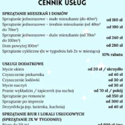 Cennik usług sprzątania 'Na Błysk!' z ofertą sprzątania mieszkań, domów i biur o różnej powierzchni, mycia okien, czyszczenia piekarnika, lodówki, prania tapicerek i dezynfekcji.