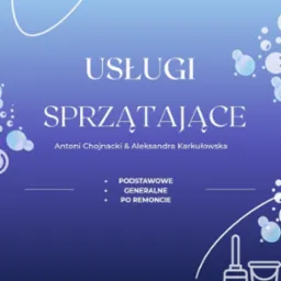 Grafika z nazwą firmy sprzątającej, oferującej usługi podstawowe, generalne i po remoncie. W tle bąbelki i grafika mopa i wiadra.