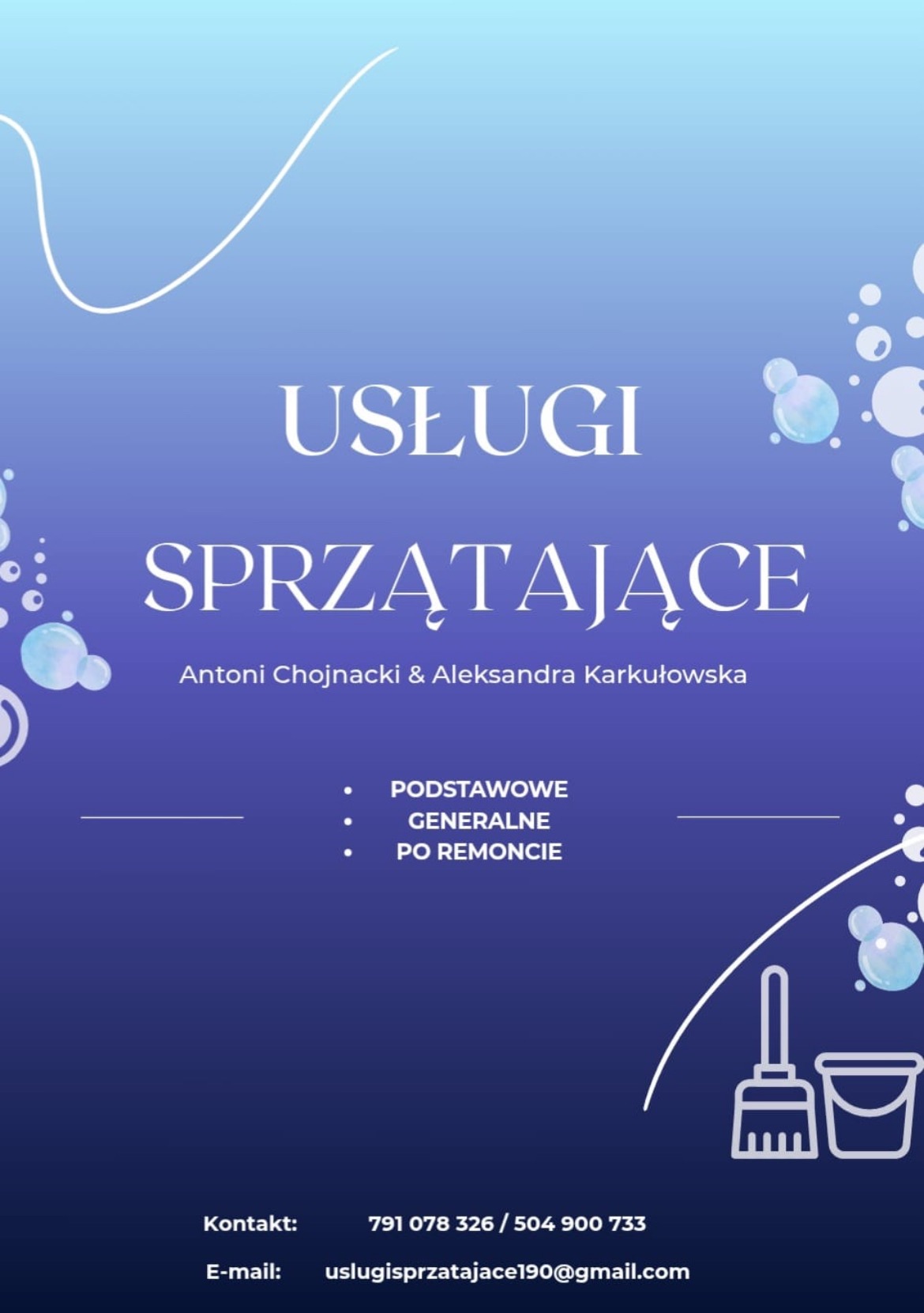 Grafika z nazwą firmy sprzątającej, oferującej usługi podstawowe, generalne i po remoncie. W tle bąbelki i grafika mopa i wiadra.