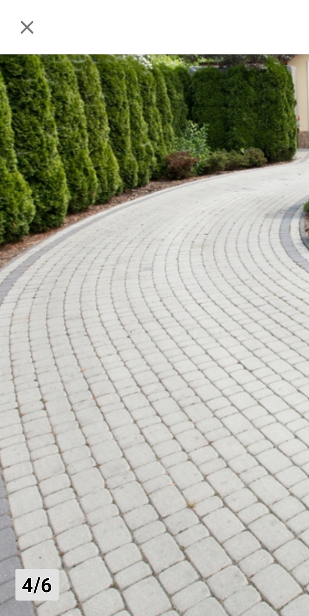 Zakrzywiony podjazd z jasnoszarej kostki brukowej, obrzeża z ciemniejszej kostki. Wzdłuż podjazdu rząd wysokich, gęstych tuj.