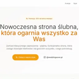 Nowoczesny landing page strony ślubnej WeddingWave z promocją -30%. Widoczne menu z zakładkami: Funkcje, Style, Cena, Kontakt. Minimalistyczny design w odcieniach bieli i pomarańczy.