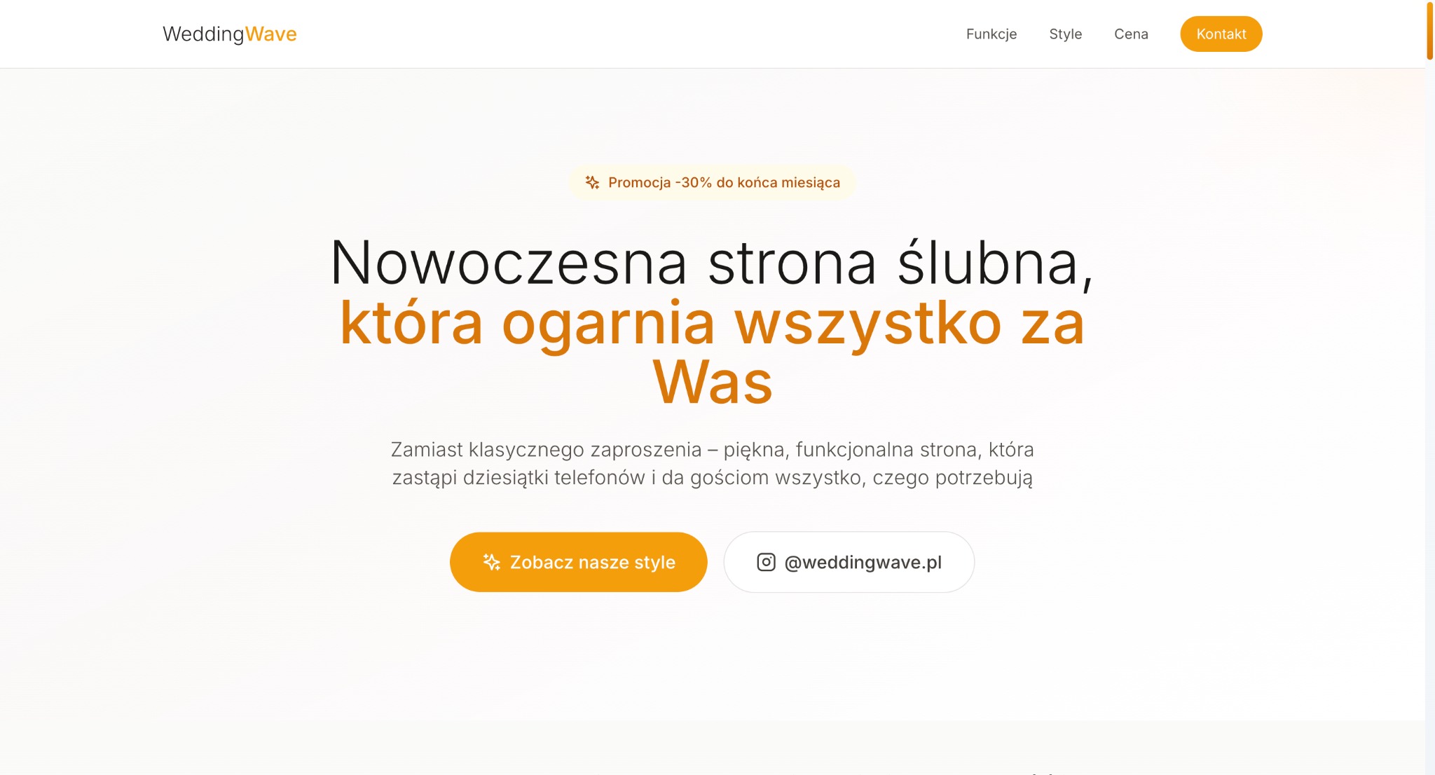 Nowoczesny landing page strony ślubnej WeddingWave z promocją -30%. Widoczne menu z zakładkami: Funkcje, Style, Cena, Kontakt. Minimalistyczny design w odcieniach bieli i pomarańczy.