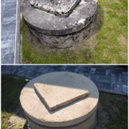 Studzienka betonowa przed i po czyszczeniu: widoczna różnica w kolorze i czystości betonu, otoczenie z kostki brukowej i trawy. Porównanie stanu przed i po.